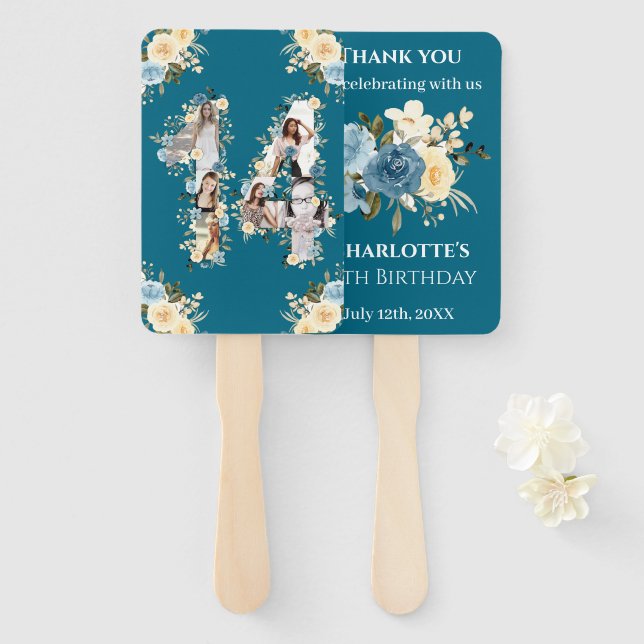 Abanico Verde azulado Collage de fotos de cumpleaños númer (Anverso y reverso)