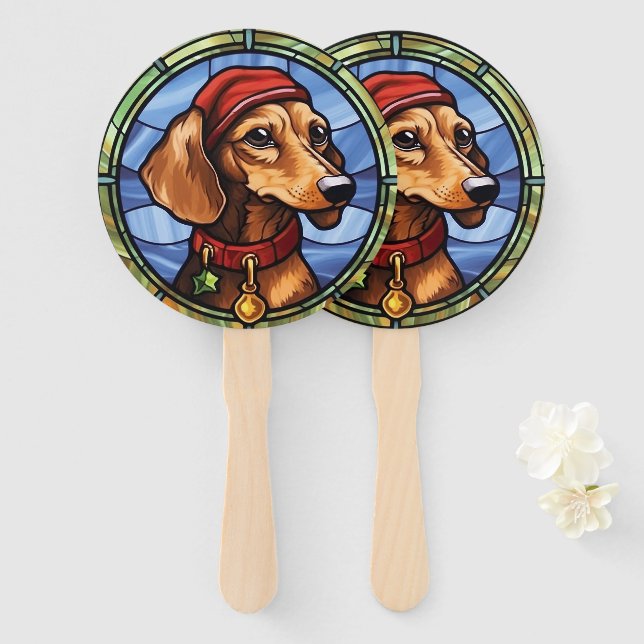Abanico Vidrio emplomado de perro salchicha en Navidad (Anverso y reverso)