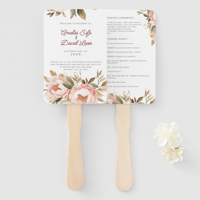 Abanico Watercolor Boho Boda Floral (Anverso y reverso)
