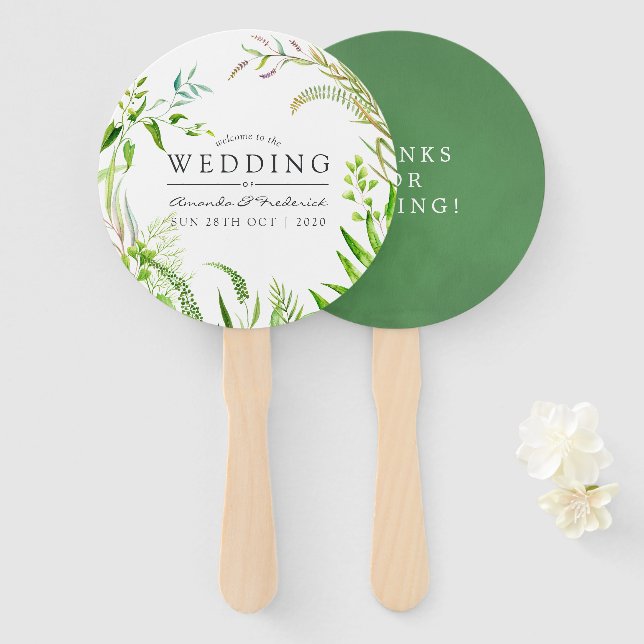 Abanico Watercolor Forest Greenery Wedding Favor (Anverso y reverso)