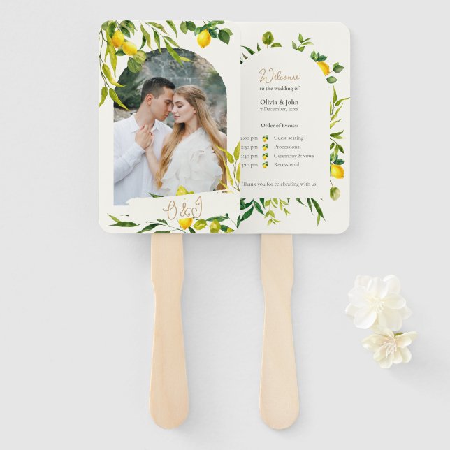 Abanico Watercolor Lemon Wedding Ceremony Program Fan (Anverso y reverso)