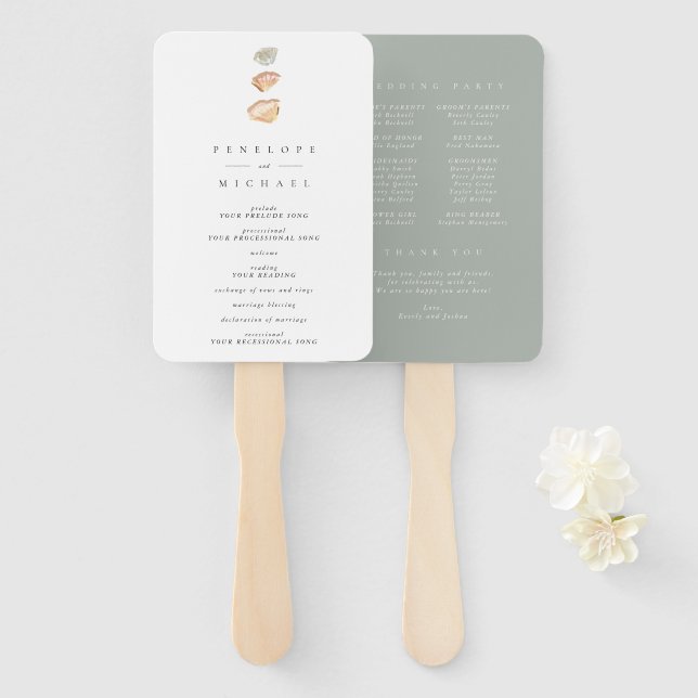 Abanico Watercolor Seashells Beach Minimal Wedding Program (Anverso y reverso)