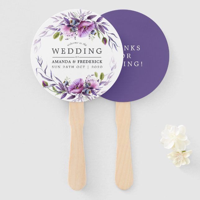 Abanico Watercolor Violeta Poppy Floral Wedding Favor (Anverso y reverso)