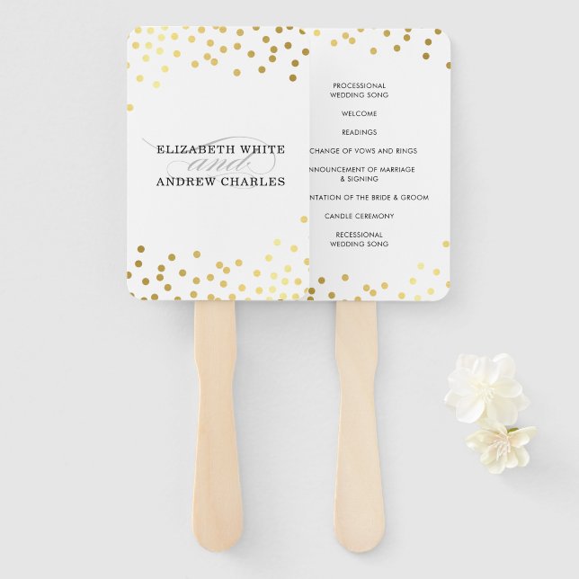 Abanico WEDDING PROGRAM moda elegante glam gold confetti (Anverso y reverso)