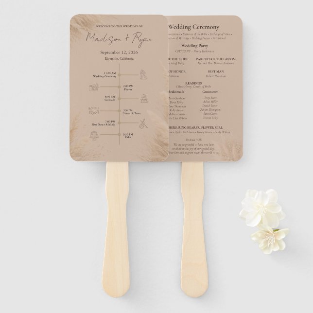 Abanico Whispering Pampas Wedding Program Fan (Anverso y reverso)