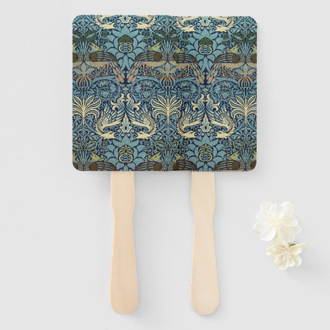 Abanico William Morris Peacock and Dragon Woven Design (Anverso y reverso)