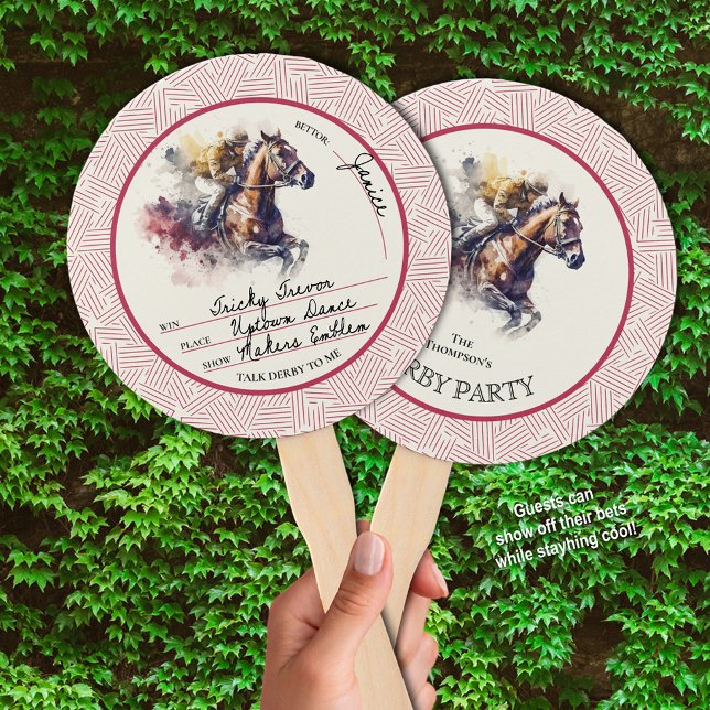Abanico Win Place Show Racehorse Derby Red (Guests can write their derby bets on one side of these hand fans and stay cool at your party.)