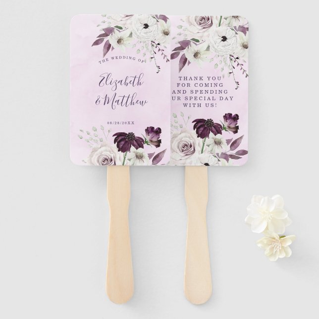 Abanico Wisteria Lavender Boda de Moda de rosas blancas (Anverso y reverso)