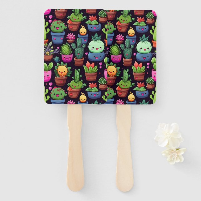Abanicos de mano de cactus kawaii (Anverso y reverso)