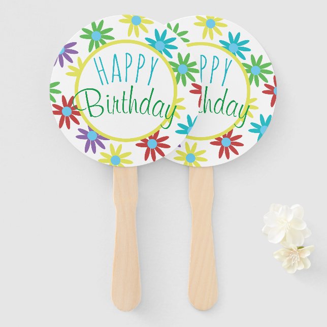 Abanicos de mano de Feliz Cumpleaños Floral (Anverso y reverso)