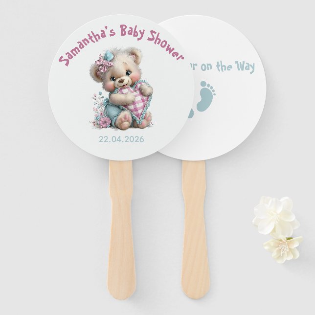 Abanicos de mano Teddy Bear Baby Shower (Anverso y reverso)