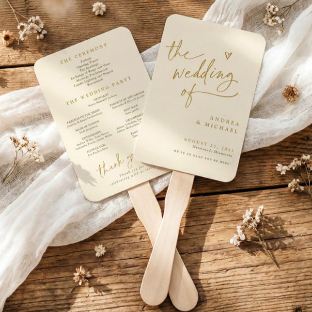 Abanicos de programa de boda divertidos de crema y (Gold and ivory wedding program fan in modern handwriting with heart.)