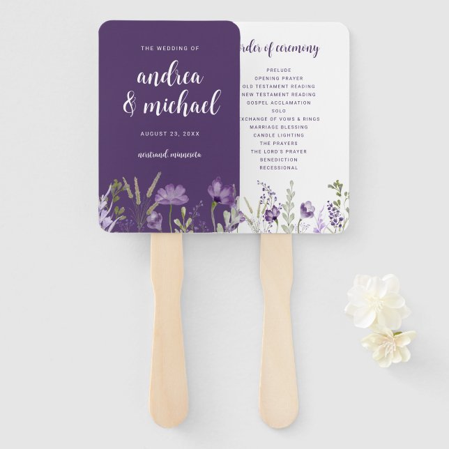 Abanicos de programa de boda floral lavanda púrpur (Anverso y reverso)