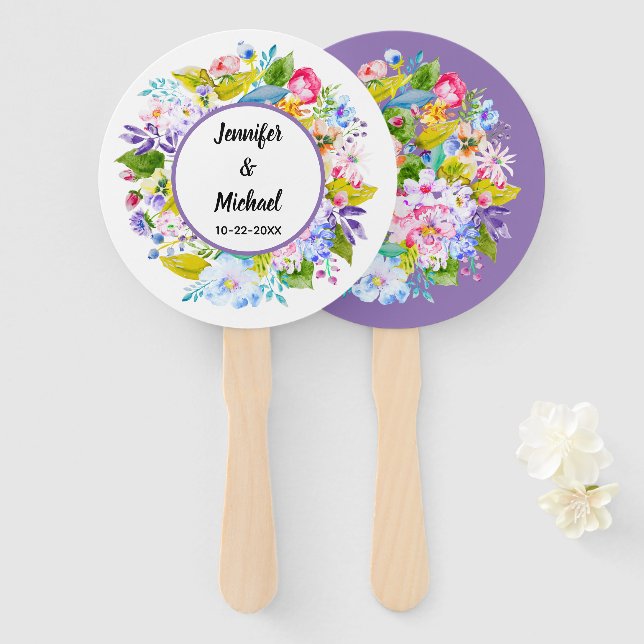 Abanicos para invitados de boda romántica con flor (Anverso y reverso)