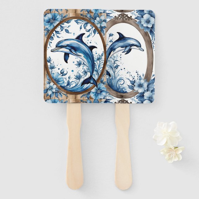Abanicos rústicos de delfines con florales azules (Anverso y reverso)