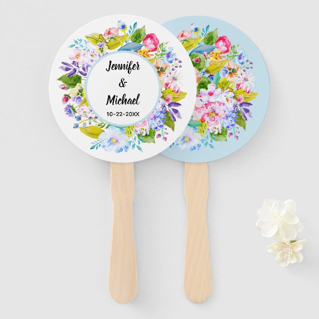 Abanicos suaves de flores azules para invitados a  (Anverso y reverso)