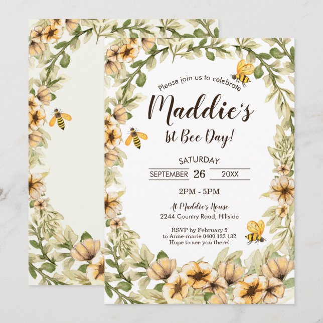 Abeja 1 Invitación de cumpleaños 1 Abeja Abeja Abe (Anverso / Reverso)