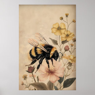 Abeja Boho en impresión de flor amarilla, pared bo