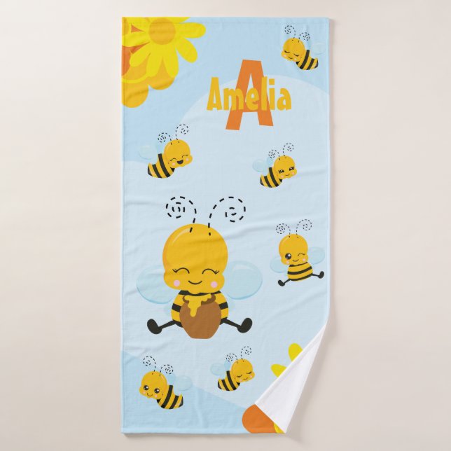 Abeja de burbuja feliz con flores niño pequeño (Toalla de baño)