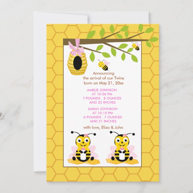 Abeja de los gemelos Chica Nacimiento Anuncio (Anverso)