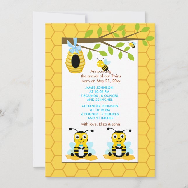 Abeja de los gemelos niño bebé anuncio de nacimien (Anverso)