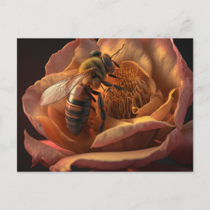Abeja de miel en postal de flores de Peony