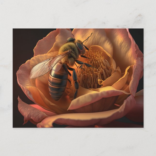 Abeja de miel en postal de flores de Peony (Anverso)