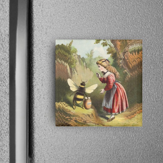 Abeja De Miel Vintage Con Imán Chica (Victorian little girl in woods with bee guarding honey pot on square magnet.)