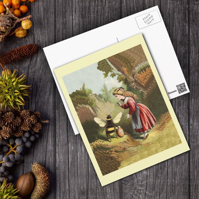 Abeja De Miel Vintage Con Postales Chicas (Victorian girl in woods with big bee and pot of honey on yellow postcard.)