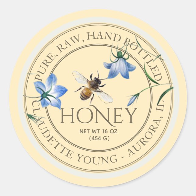 Abeja de miel y flores azules Etiqueta amarilla de (Anverso)
