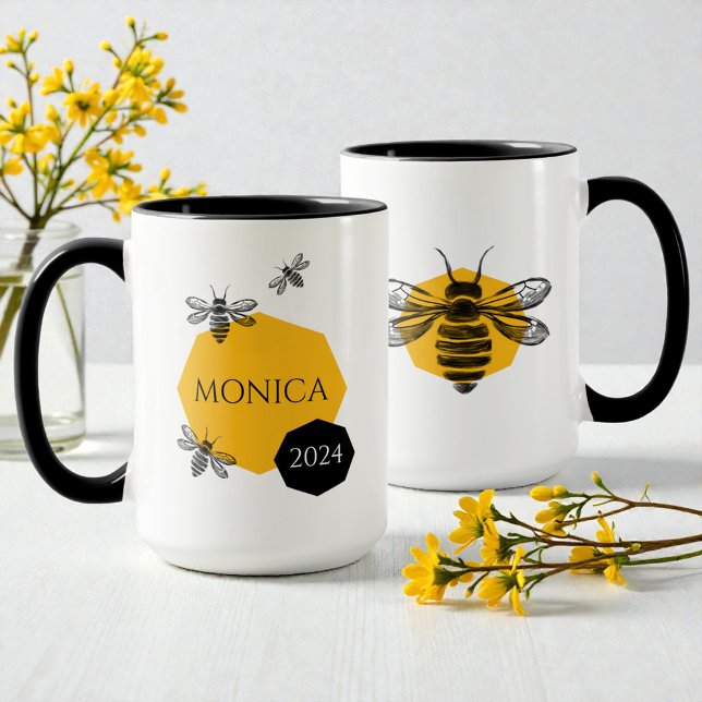 Abeja dulce amarillo honeycomb año taza para amigo (Modern Yellow Black Cute Bee Honeycomb Friend Name Mug)