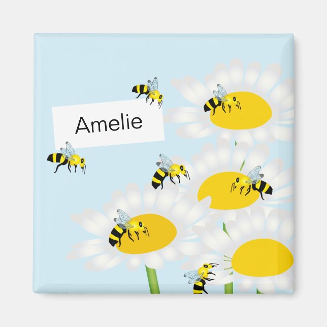 Abeja en el imán cuadrado de flores - fondo azul (Frente)