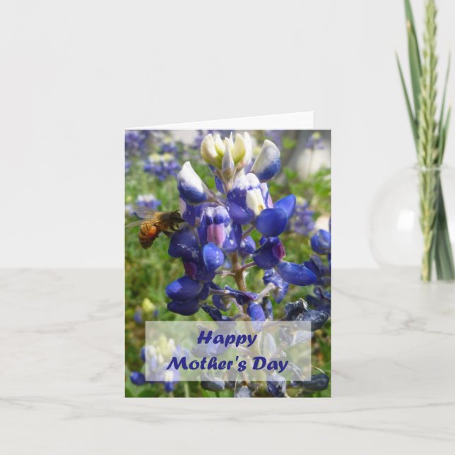 Abeja feliz del día de madre y tarjeta azul del (Anverso)