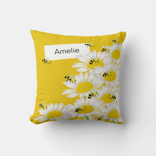 Abeja sobre almohada de flores - fondo amarillo (Anverso)