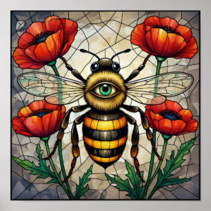 Abeja Vidriera Roja Flor de Amapola Arte de Insect