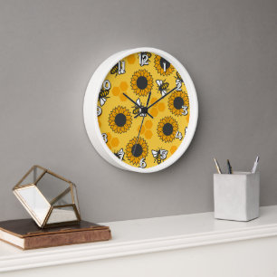 Abejas de miel y reloj de pared de girasoles