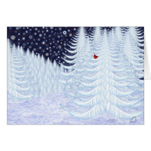 Abetos Nevado con el pájaro rojo