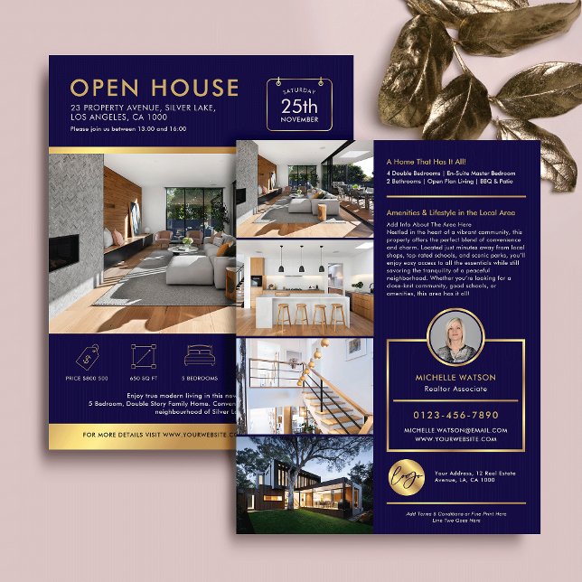 Abierto De Oro Y Marina Para Vender Volante Con Fo (Elegant navy blue and gold effect open house marketing flyer with photos and custom text)