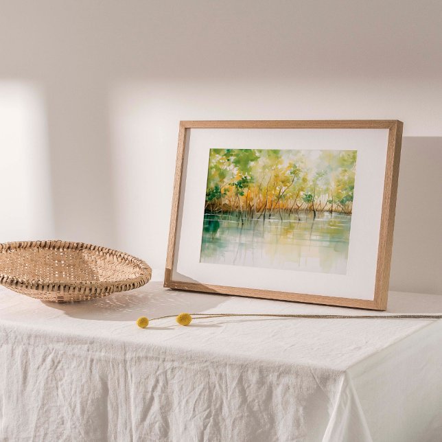Abrazo de manglar: Impresión de acuarela vibrante (Vibrant mangrove trees in this exquisite watercolor print, showcasing lush green and yellow hues.)