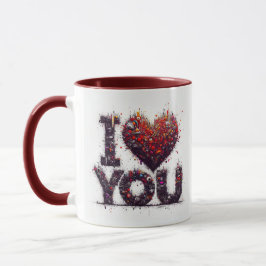 Abrazo en una taza con palabras de ‘Te amo’