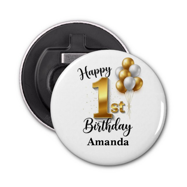 Abrebotellas 1st Birthday Gold Balloons Bottle Opener (Anverso)