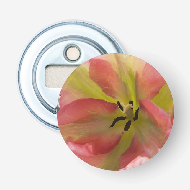 Abrebotellas Apertura de frascos con botón de tulipán rosado y  (Anverso)