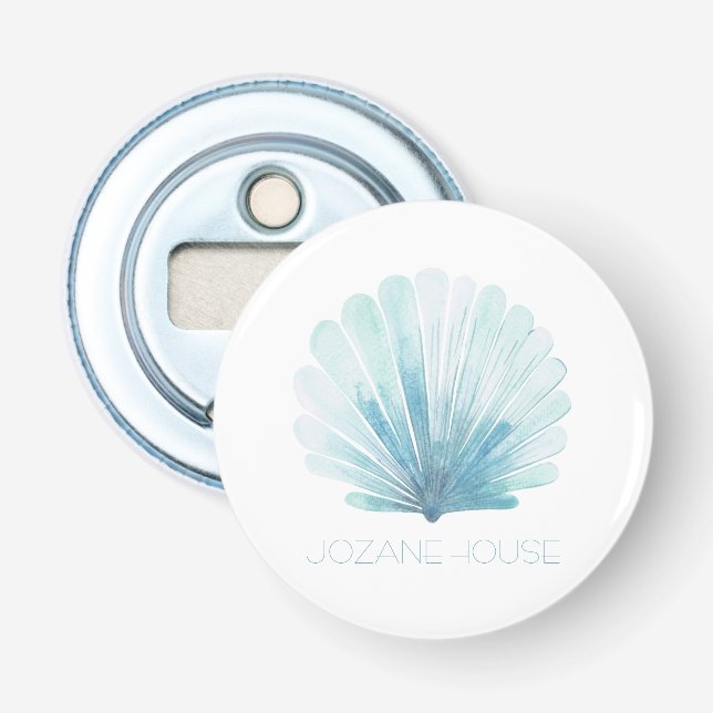 Abrebotellas Aqua Azul y Blanco Concha Costera Personalizada (Anverso)