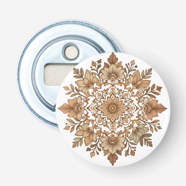 Abrebotellas Arte de Mandala Floral Intrincado en Tonos Marrone (Anverso)