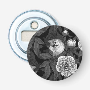 Abrebotellas Aves y flores de peonía monocromas, grises