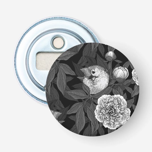 Abrebotellas Aves y flores de peonía monocromas, grises (Anverso)