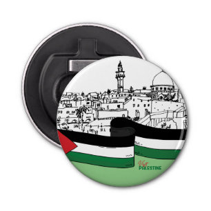 Abrebotellas Bandera de Palestina y antiguas casas dibujadas a 