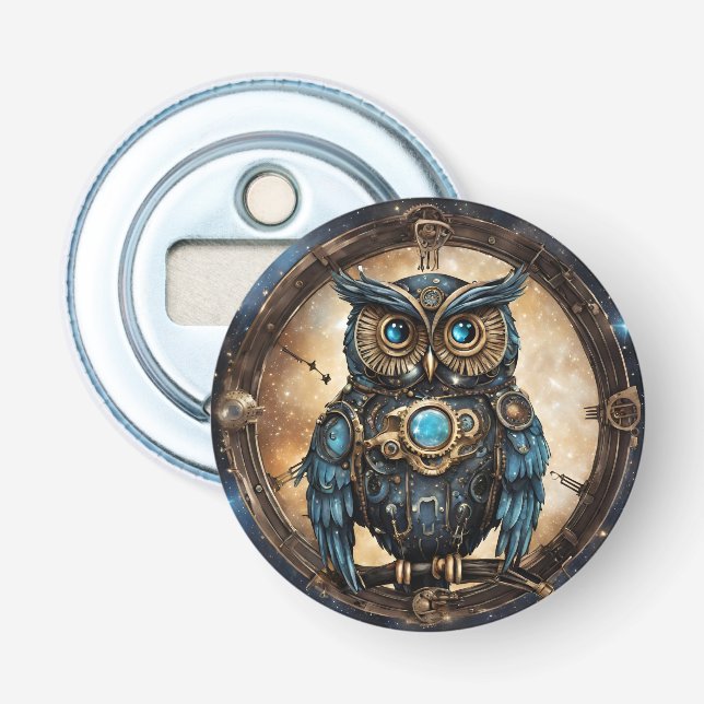 Abrebotellas Bechuza Steampunk contra el cielo galáctico (Anverso)