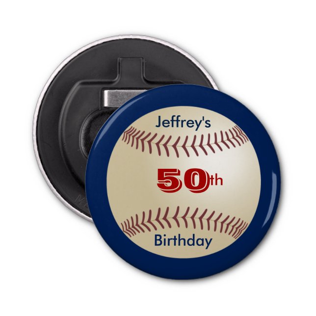 Abrebotellas Béisbol Party Favor 50th Birthday Name Button (Anverso)