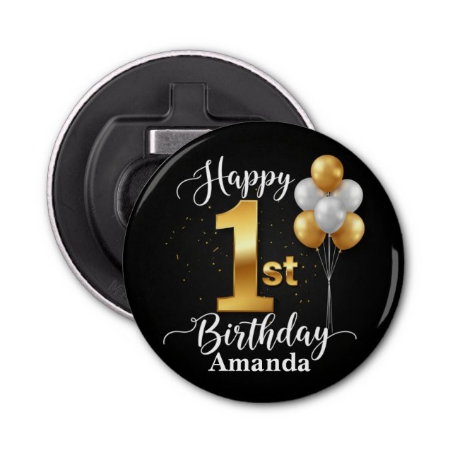Abrebotellas Black Gold 1st Birthday Button Bottle Opener (Anverso)